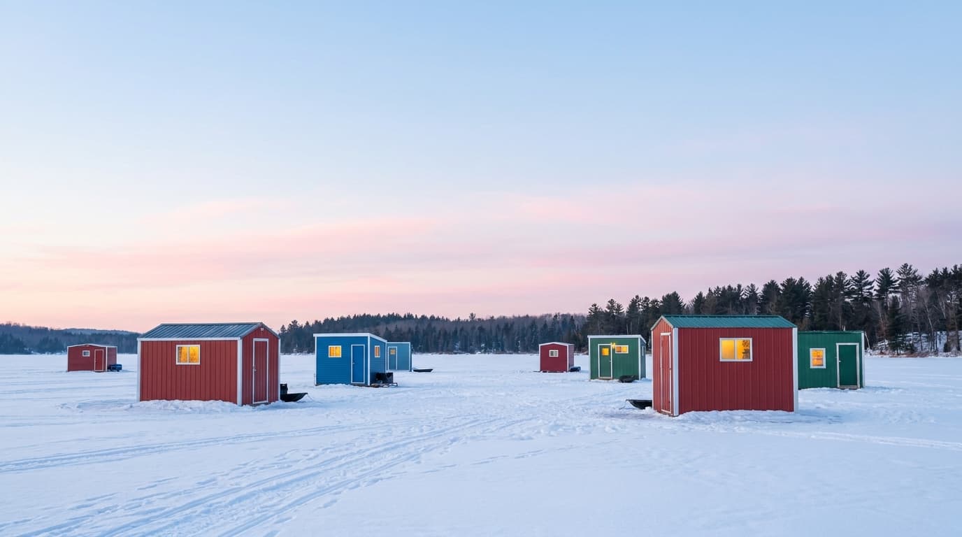 Ice fishing shacks on a frozen lake at dawn