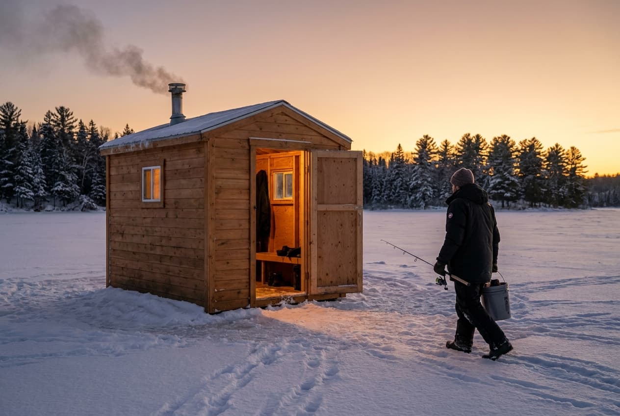 A host's shack glowing at dusk
